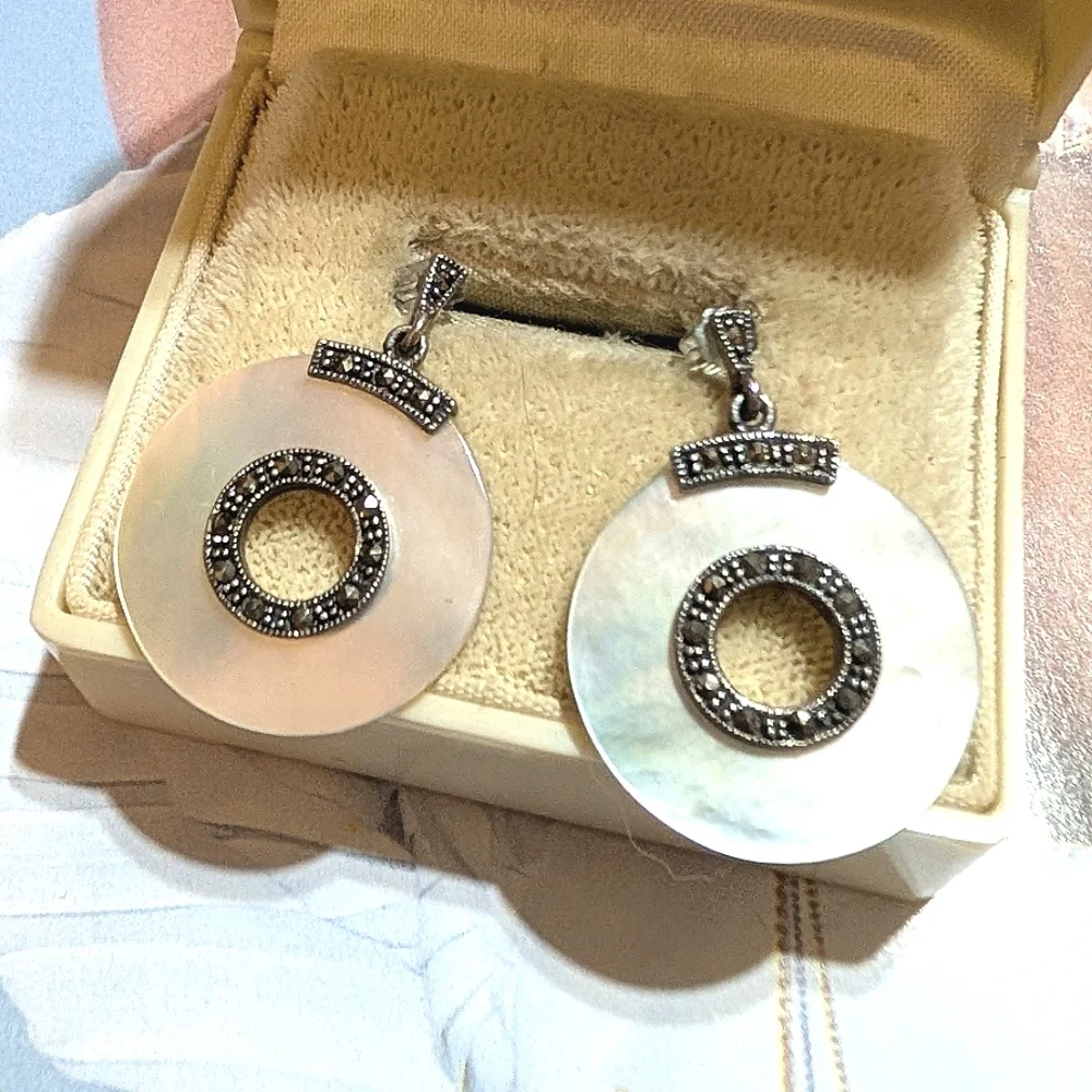 Antique Art Deco Mother of Pearl Marcasite Sterling Silver Bullseye Earrings